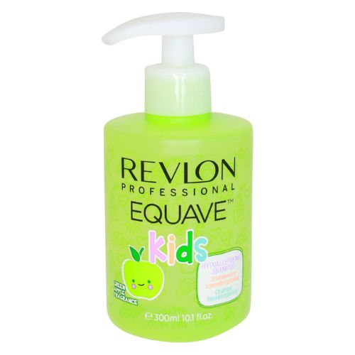 Flacon REVLON Equave Kids 300 ml, shampoing enfant hypoallergénique à la pomme verte, bouteille verte et blanche, bouchon à clapet, sur fond blanc professionnel.