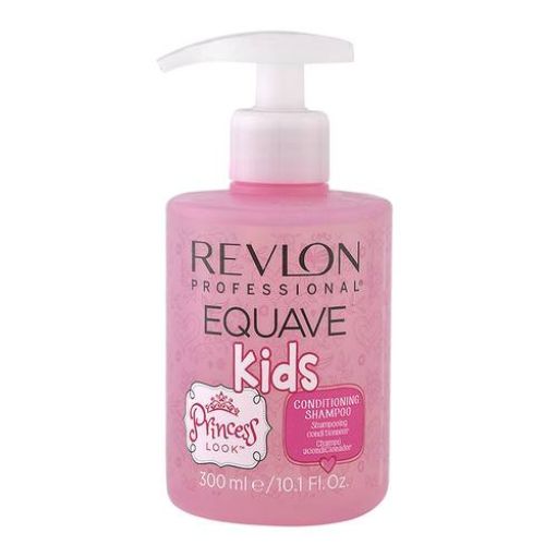 Flacon REVLON Equave Kids Princesse 300 ml, shampoing et conditionneur pour enfants bouchon à clapet, rose étiquette illustrée, posé sur fond blanc professionnel.