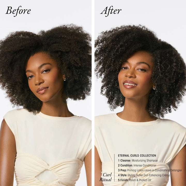 Femme aux cheveux bouclés montrée avant et après avec des boucles plus définies, hydratées et rebondies grâce aux soins capillaires Oribe Eternal Curls.