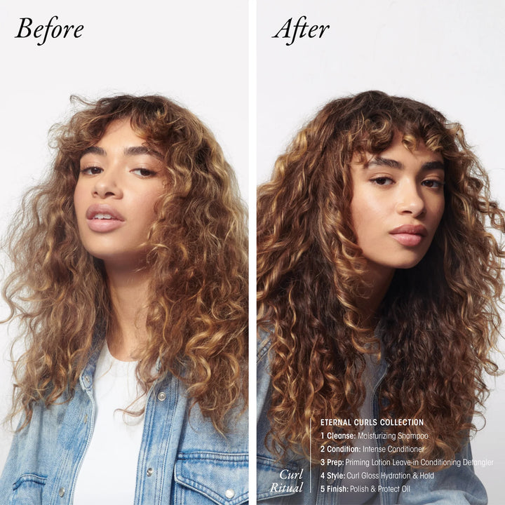 Femme aux cheveux ondulés et bouclés présentée avant et après avec plus de définition, de brillance et de contrôle après utilisation de la collection Oribe Eternal Curls.