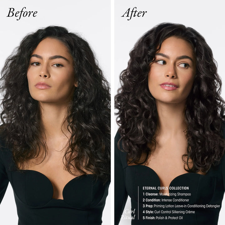 Femme aux cheveux bouclés illustrant un résultat avant après avec des boucles plus souples, définies et disciplinées grâce aux soins Oribe Eternal Curls.
