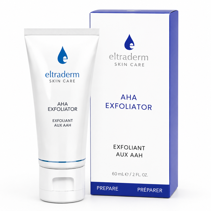 Exfoliant aux AAH ELTRADERM Skin Care 60 ml dans son tube blanc avec emballage assorti, soin exfoliant visage favorisant le renouvellement cellulaire et l'éclat du teint.