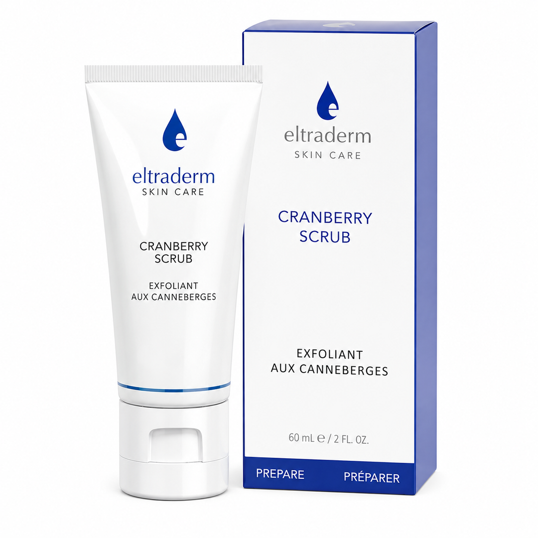 Exfoliant aux Canneberges Eltraderm 60 ml en tube blanc avec emballage assorti, présenté sur fond blanc aux accents bleus. Soin exfoliant visage enrichi en canneberges antioxydantes pour lisser et illuminer la peau.