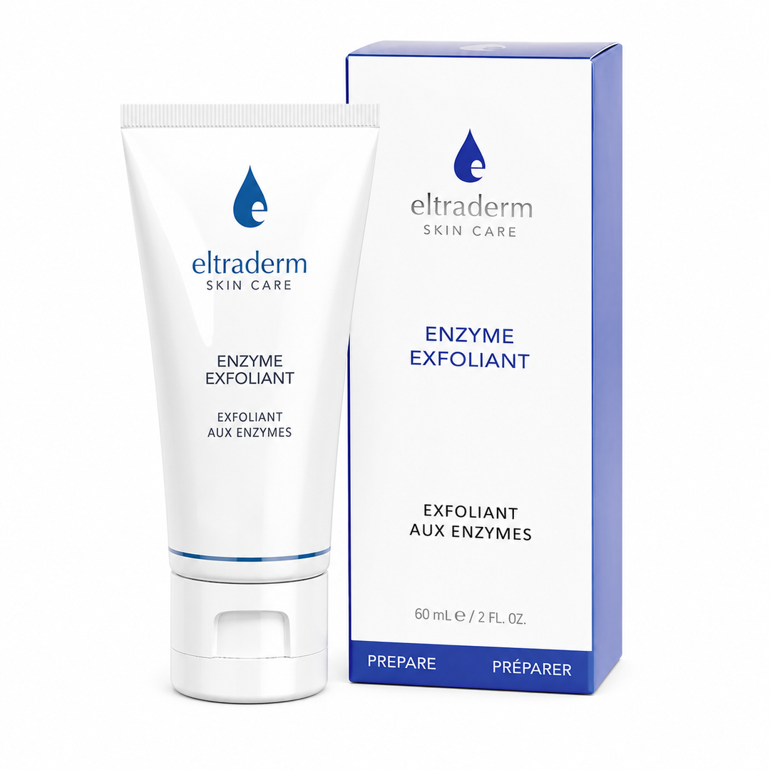 Tube blanc Eltraderm Exfoliant aux Enzymes 60 ml avec emballage blanc et bleu sur fond blanc professionnel, soin exfoliant visage à la papaye, ananas et kaolin pour tous les types de peau.