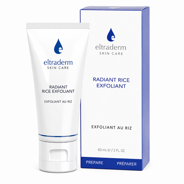 Tube et emballage Eltraderm Exfoliant Radiant au Riz 60 ml sur fond blanc. Exfoliant visage au son de riz pour lisser la peau, éliminer les cellules mortes et illuminer le teint.