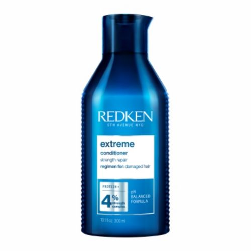 Bouteille bleue métallique REDKEN Extreme après-shampoing fortifiant 300 ml avec bouchon flip-top, soin pour cheveux abîmés et cassants, fond blanc.