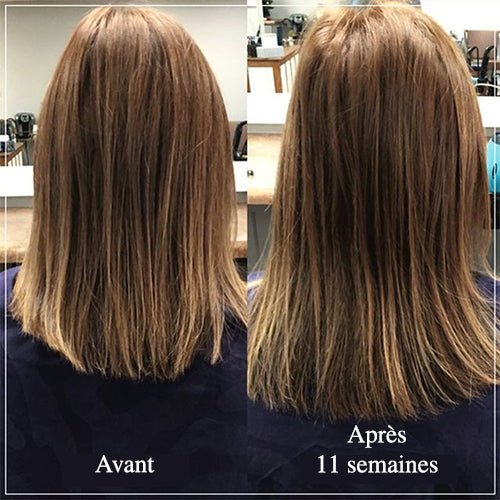 Résultat avant après sur femme aux cheveux mi-longs châtains après 11 semaines de soin capillaire, montrant des cheveux plus longs, plus denses et des pointes visiblement épaissies.