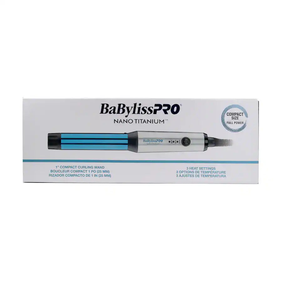 Boîte du fer à friser BaBylissPRO Nano Titanium 1 pouce avec baril bleu et manche argent, outil coiffant compact avec 3 réglages de température, emballage blanc professionnel.
