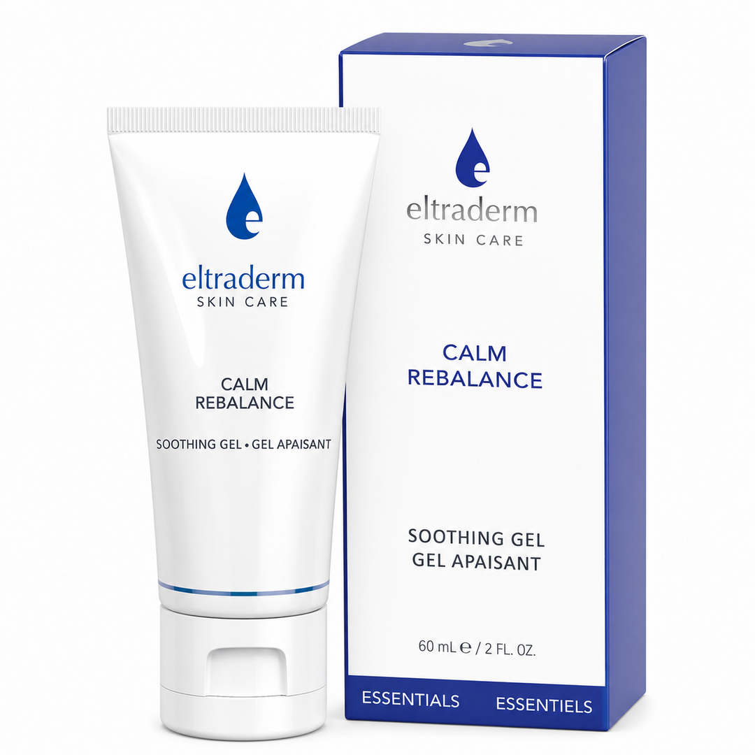 Tube Gel Apaisant Eltraderm Calm Rebalance 60 ml avec emballage blanc et bleu, soin hydratant apaisant pour peaux sensibles, présenté sur fond blanc professionnel.