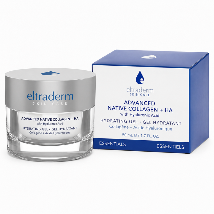 Pot de gel hydratant ELTRADERM Advanced Native Collagen + HA de 50 ml avec couvercle argenté et contenant transparent, accompagné de sa boîte blanche et bleue sur fond blanc professionnel.