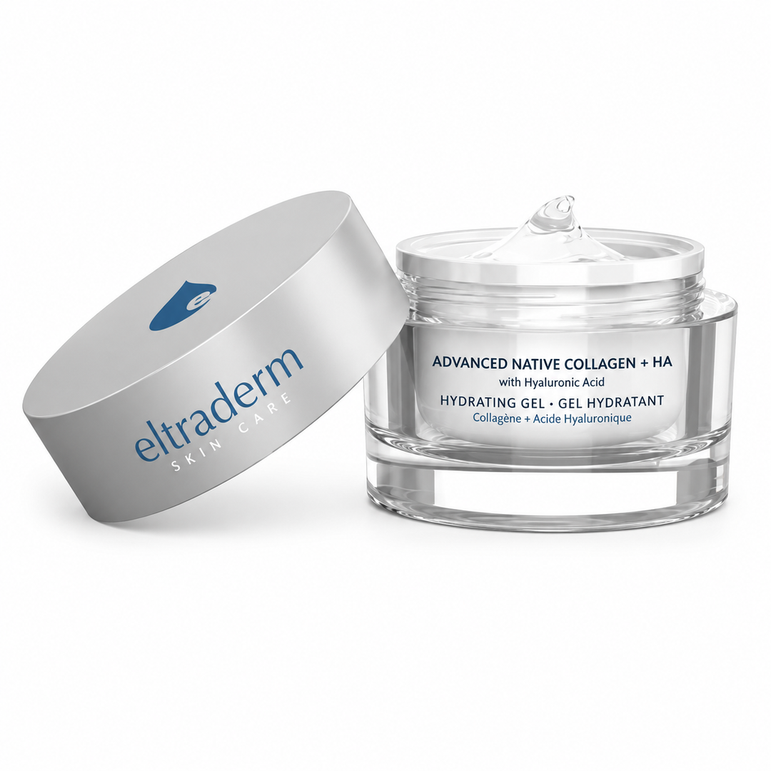 Pot ouvert de gel hydratant ELTRADERM Advanced Native Collagen + HA avec texture gel transparente visible, contenant transparent et couvercle argenté posé à côté sur fond blanc.
