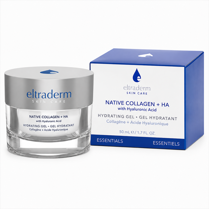 Pot de gel hydratant ELTRADERM Native Collagen + HA avec acide hyaluronique, contenant transparent et couvercle argenté, présenté avec sa boîte blanche et bleue sur fond blanc professionnel