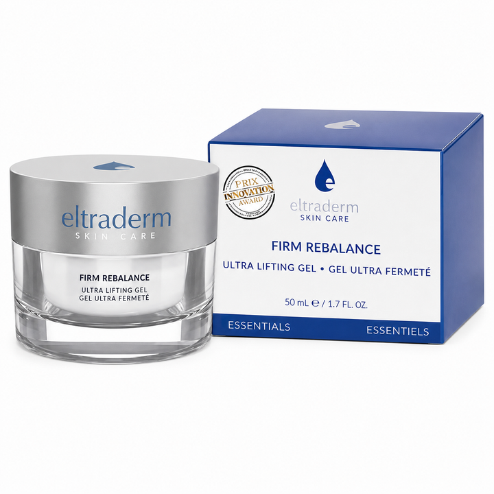 Pot transparent de Gel Ultra Fermeté Firm Rebalance ELTRADERM Skin Care 50 ml avec couvercle argent mat et boîte blanche et bleue, présenté sur fond blanc professionnel.