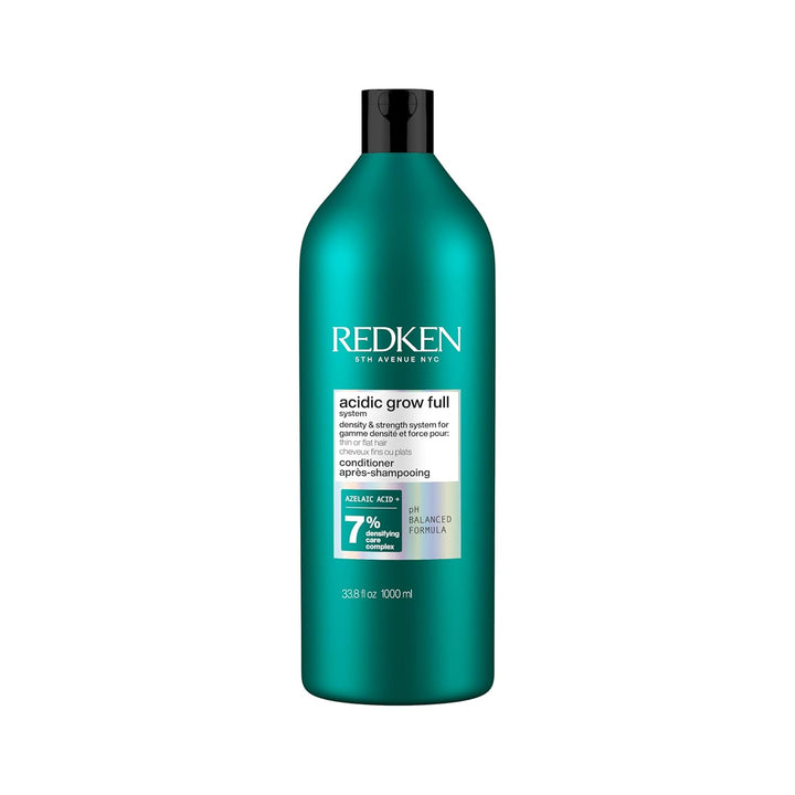Shampooing Redken Acidic Grow Full en bouteille verte 1000 ml avec bouchon noir, soin densifiant pour cheveux fins sur fond clair.