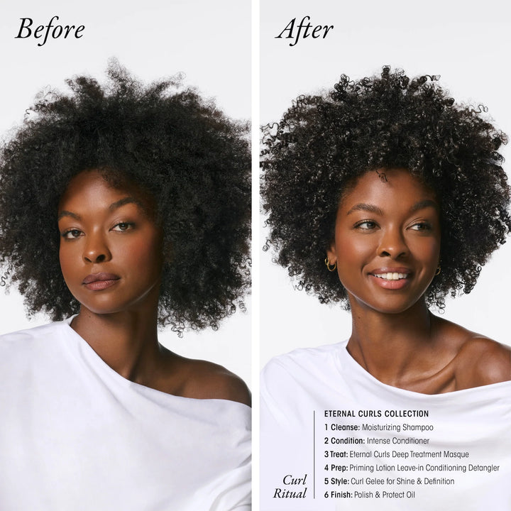 Femme aux cheveux bouclés montrant un résultat avant après avec boucles plus définies, brillantes et hydratées grâce aux soins Oribe Eternal Curls.