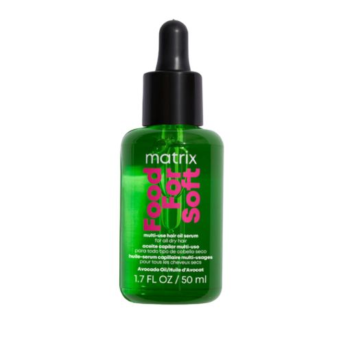 Flacon vert de l’huile-sérum capillaire Matrix Food For Soft 50 ml avec pipette, enrichie d’huile d’avocat et acide hyaluronique pour hydrater et protéger les cheveux secs.