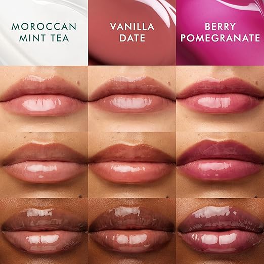 Baumes à lèvres Moroccanoil avec différentes teintes naturelles sur lèvres, finis brillants non collants, nuances rose, nude et baie grenade.