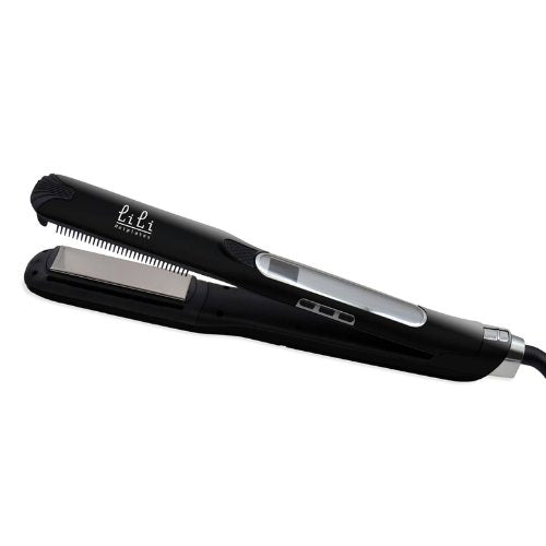 Fer à lisser vapeur professionnel Lili Hotplates en finition noire mate, avec écran LCD intégré, peigne amovible et plaques chauffantes en titane, sur fond blanc.