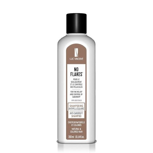 Flacon LUC VINCENT No Flakes 250 ml, shampoing antipelliculaire professionnel, étiquette blanche et noire, bouchon noir