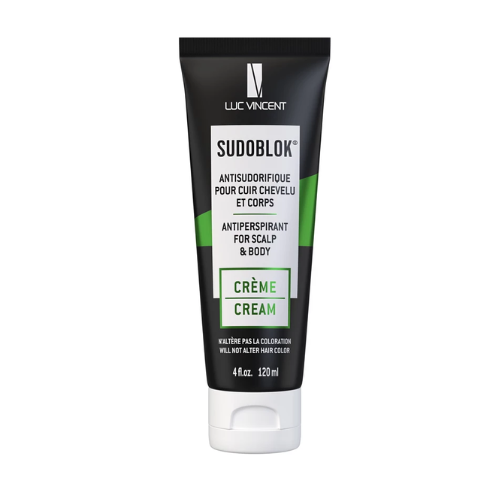 Tube blanc LUC VINCENT SUDOBLOCK 120 ml, crème antisudorifique pour cuir chevelu et corps, étiquette blanche et noire, bouchon blanc