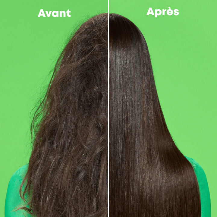 Avant après cheveux lisses avec produits Matrix Food for Soft, cheveux ternes devenus lisses, brillants et hydratés, résultat soin capillaire professionnel.