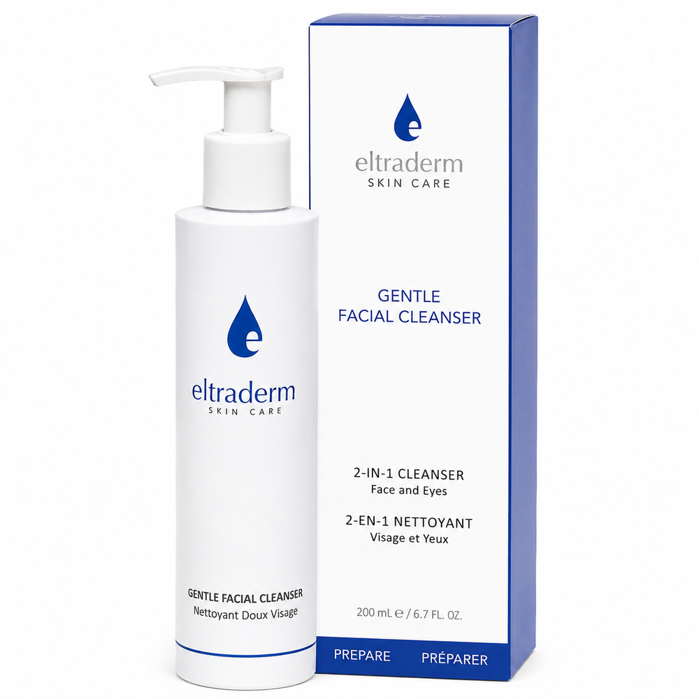 Nettoyant Doux Visage 2 en 1 Eltraderm 200 ml avec pompe blanche et boîte blanche à détails bleus, présenté sur fond blanc, soin nettoyant hydratant pour le visage et les yeux.