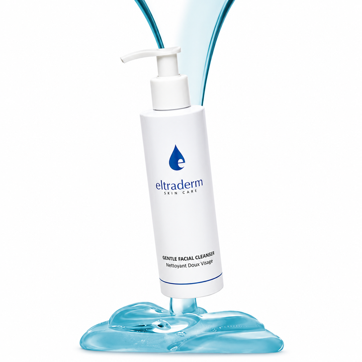 Flacon pompe Eltraderm Nettoyant Doux Visage 2 en 1 200 ml entouré d’éclaboussures bleutées sur fond blanc, nettoyant hydratant doux pour tous les types de peau.