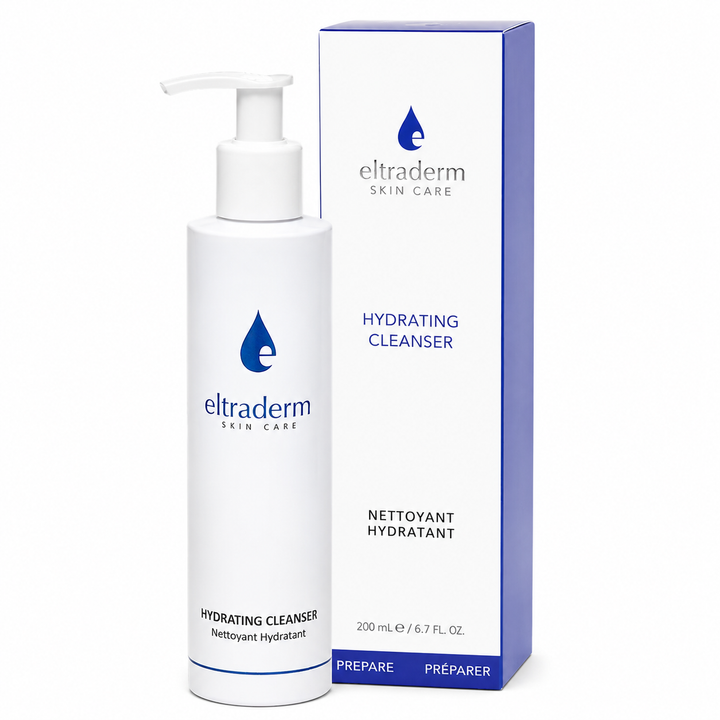 Nettoyant Hydratant Eltraderm 200 ml en bouteille blanche avec pompe distributrice, présenté devant un emballage blanc et bleu sur fond blanc professionnel.