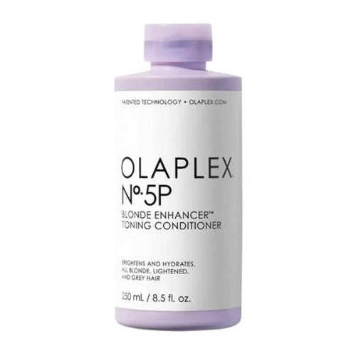 Après-shampoing OLAPLEX No.5P 250 ml – bouteille blanche avec bouchon gris, étiquette noire et lilas, posée sur fond blanc. Soin déjaunissant nourrissant pour cheveux blonds et gris