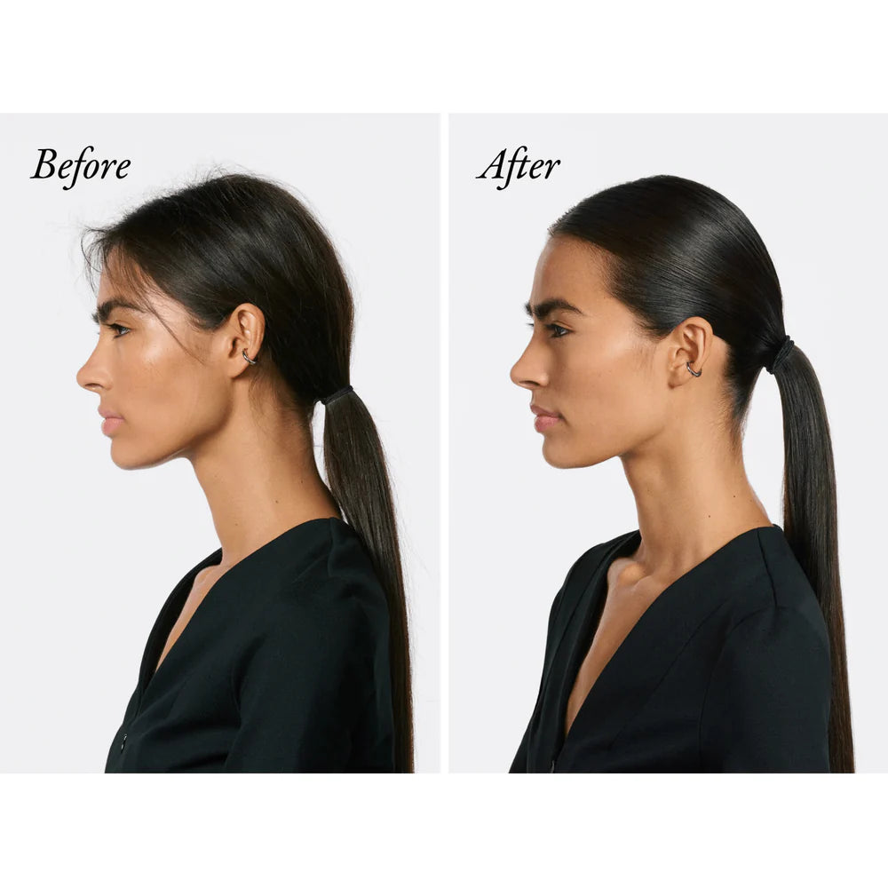 Résultat avant après du bâton de cire à lisser ORIBE montrant des cheveux plus lisses, brillants et disciplinés en queue de cheval lisse.
