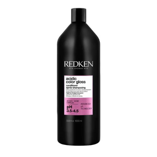 Bouteille REDKEN Acidic Color Gloss après-shampoing 1000 ml noire avec étiquette rose pour cheveux colorés.