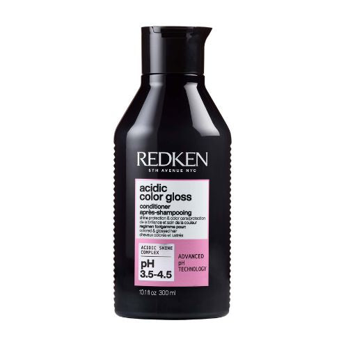Flacon REDKEN Acidic Color Gloss après-shampoing 300 ml noir avec étiquette rose sur fond blanc.