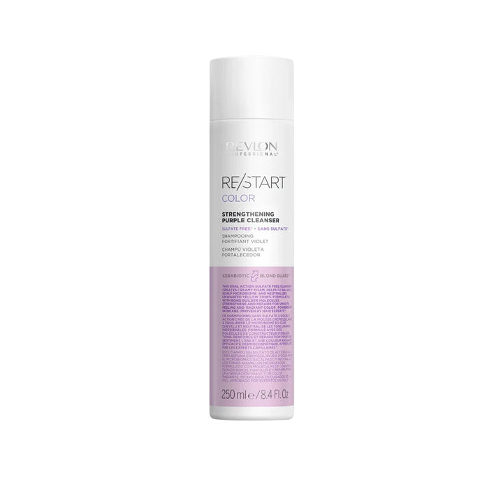 Shampooing violet fortifiant REVLON RE/START Color format 250 ml pour neutraliser les reflets jaunes des cheveux blonds, fond gris clair.