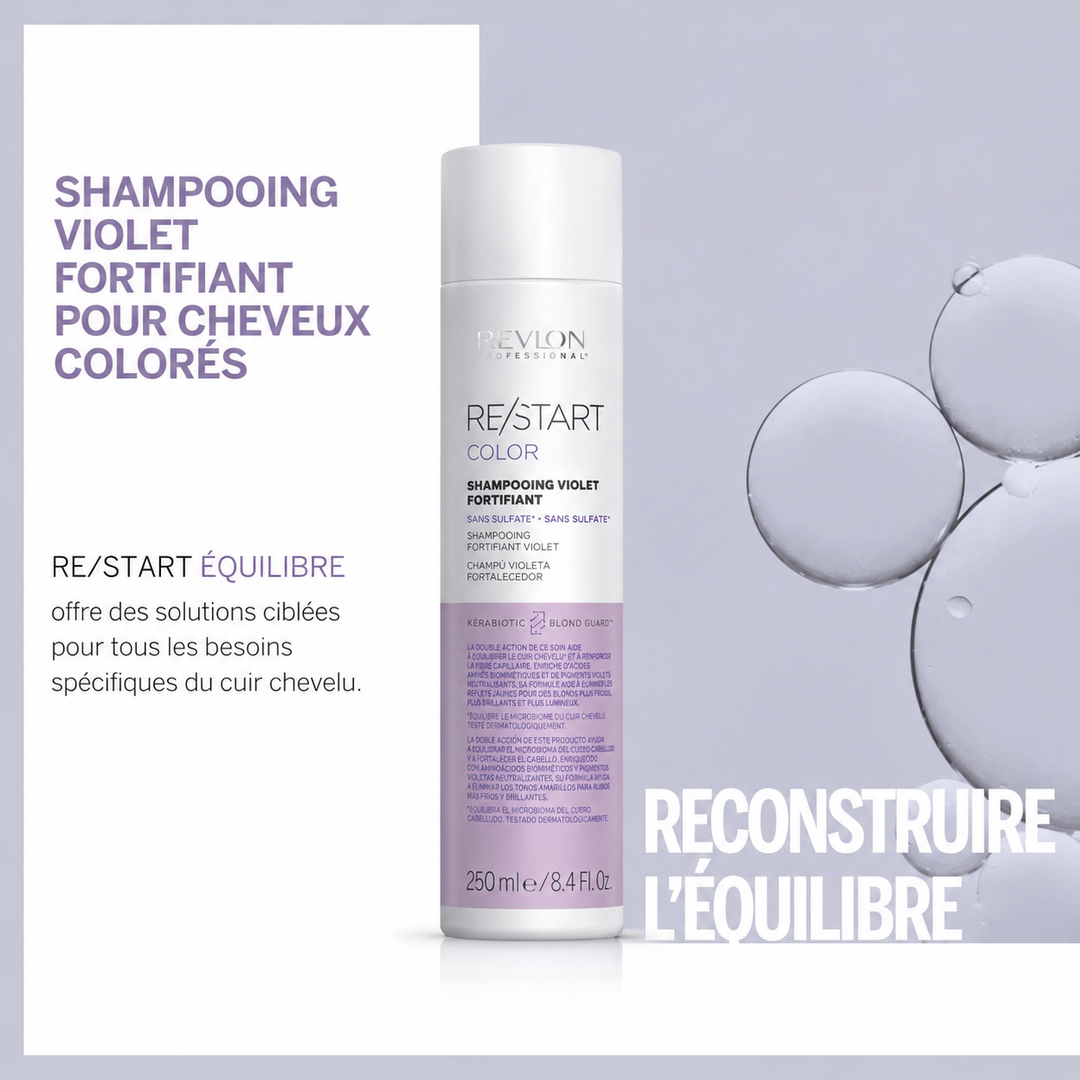 Visuel promotionnel REVLON RE/START Color avec shampooing violet fortifiant, texte français sur équilibre du cuir chevelu et neutralisation des reflets cuivrés.