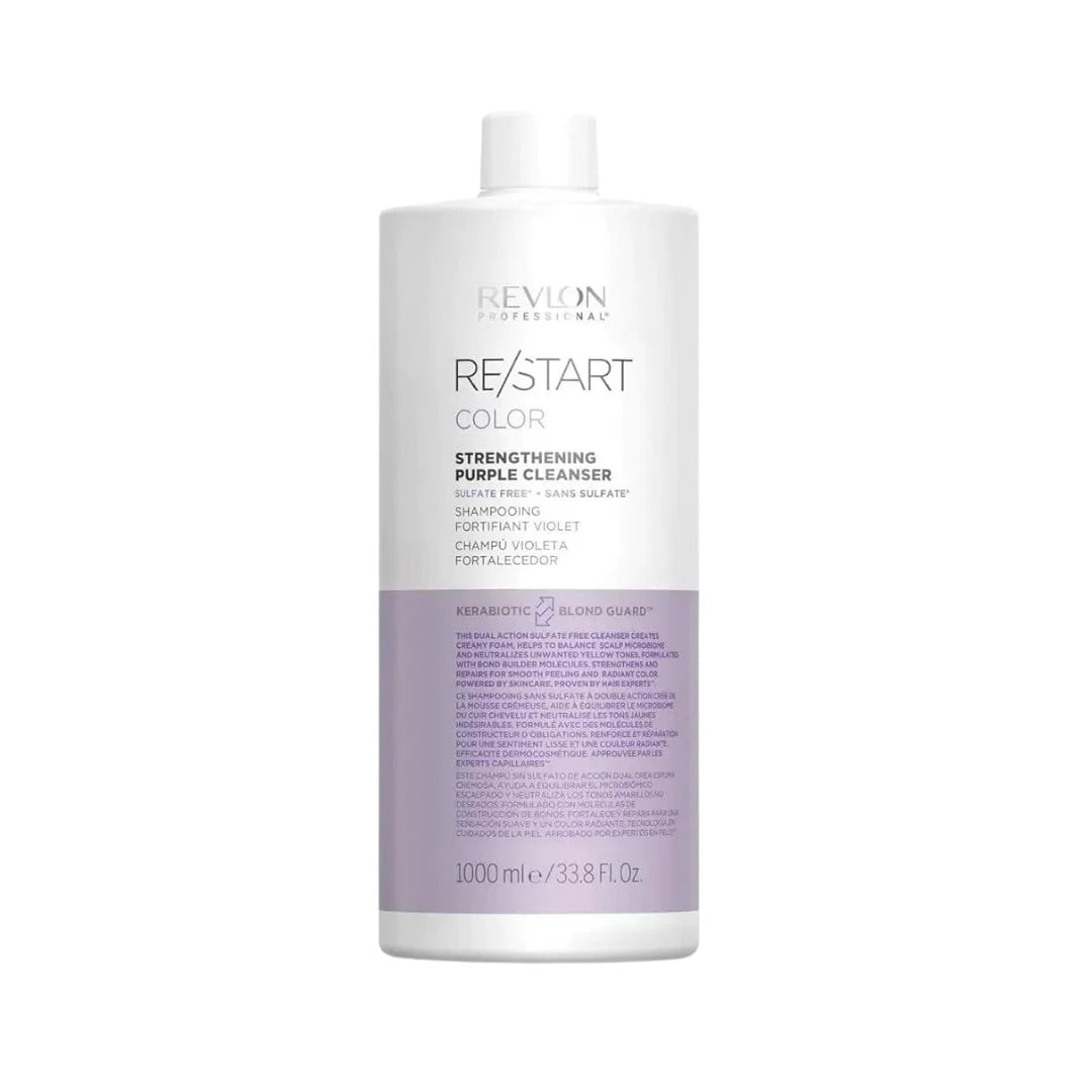 Bouteille litre REVLON RE/START Color shampooing fortifiant violet sans sulfate pour cheveux blonds, contenant blanc et mauve sur fond gris pâle.