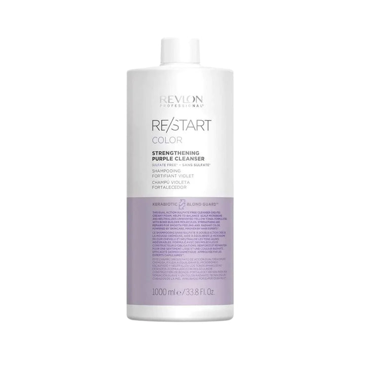 Bouteille litre REVLON RE/START Color shampooing fortifiant violet sans sulfate pour cheveux blonds, contenant blanc et mauve sur fond gris pâle.