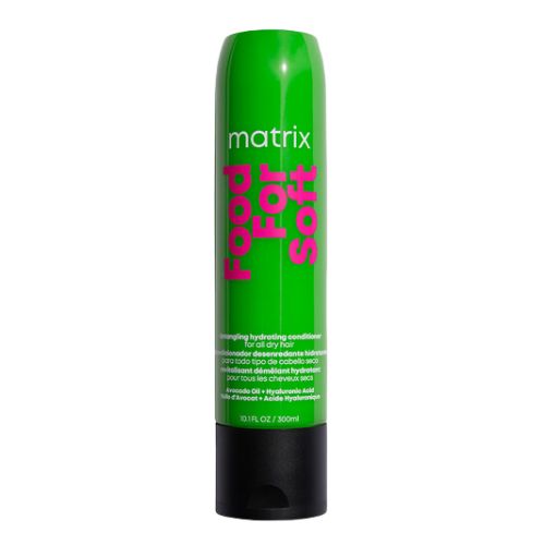 Bouteille verte de 300 ml du revitalisant hydratant Matrix Food For Soft, enrichi en huile d’avocat et acide hyaluronique, pour cheveux secs et cassants.