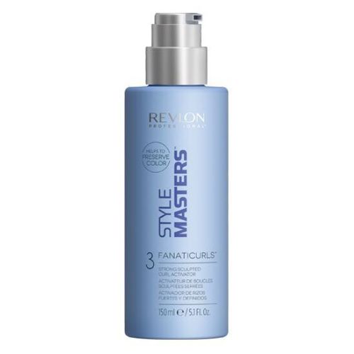Tube REVLON Style Masters Fanaticurls 150 ml, crème bouclante fixation ferme pour cheveux ondulés et bouclés, emballage bleu pale présenté sur fond blanc professionnel.