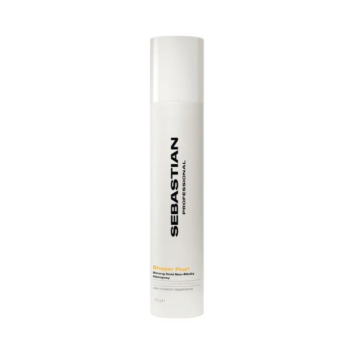 Laque coiffante Sebastian Professional Shaper Plus en aérosol blanc de 300 g, offrant une tenue forte et une résistance à l’humidité jusqu’à 48 heures.