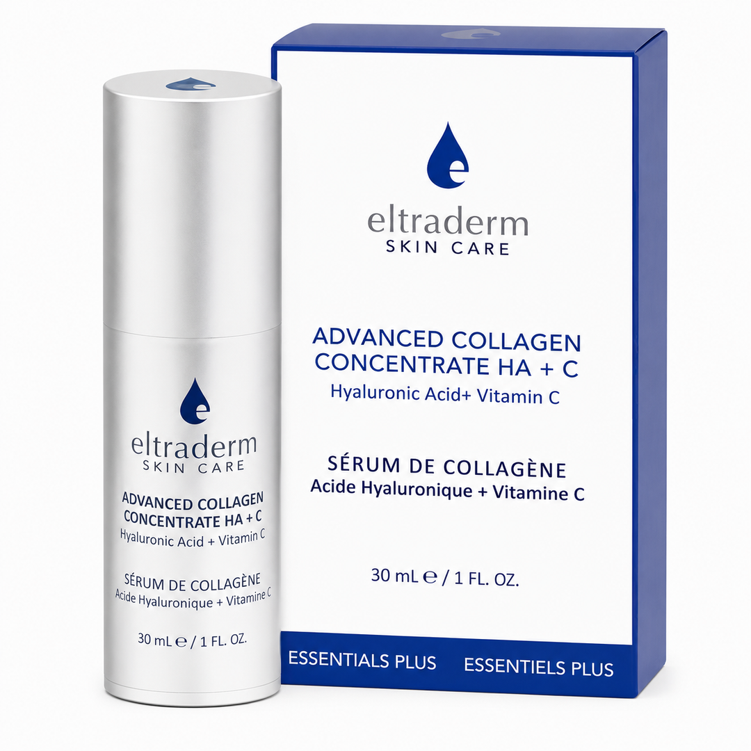 Sérum ELTRADERM Advanced Collagen Concentrate HA + C 30 ml avec collagène marin, acide hyaluronique et vitamine C, présenté dans un flacon argent mat avec boîte blanche et bleue sur fond blanc.