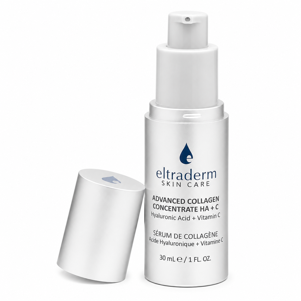 Flacon pompe argent mat ELTRADERM Advanced Collagen Concentrate HA + C 30 ml avec capuchon retiré, sérum au collagène marin, acide hyaluronique et vitamine C sur fond blanc professionnel.