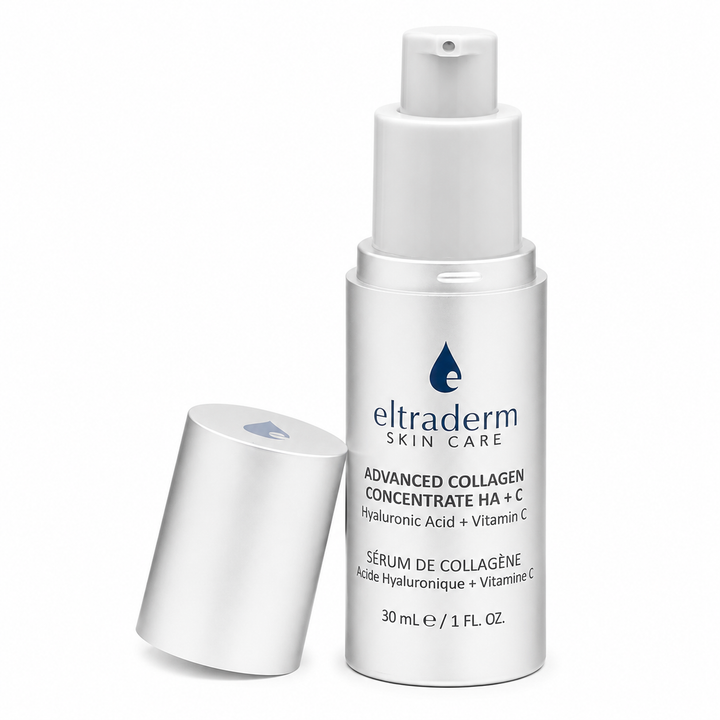 Flacon pompe argent mat ELTRADERM Advanced Collagen Concentrate HA + C 30 ml avec capuchon retiré, sérum au collagène marin, acide hyaluronique et vitamine C sur fond blanc professionnel.