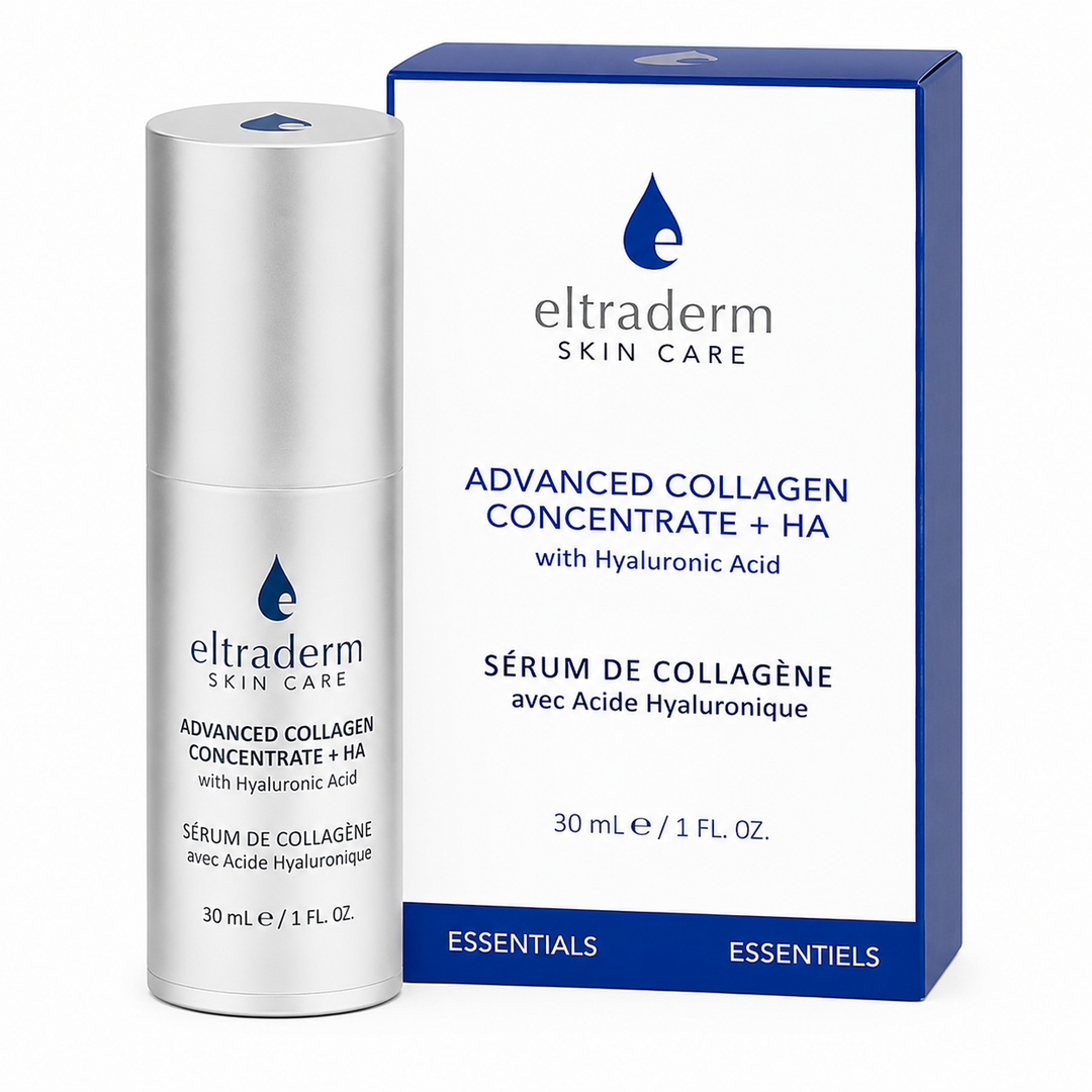 Sérum ELTRADERM Advanced Collagen Concentrate + HA 30 ml dans un flacon pompe argent mat avec boîte blanche et bleue assortie, présenté sur fond blanc professionnel.
