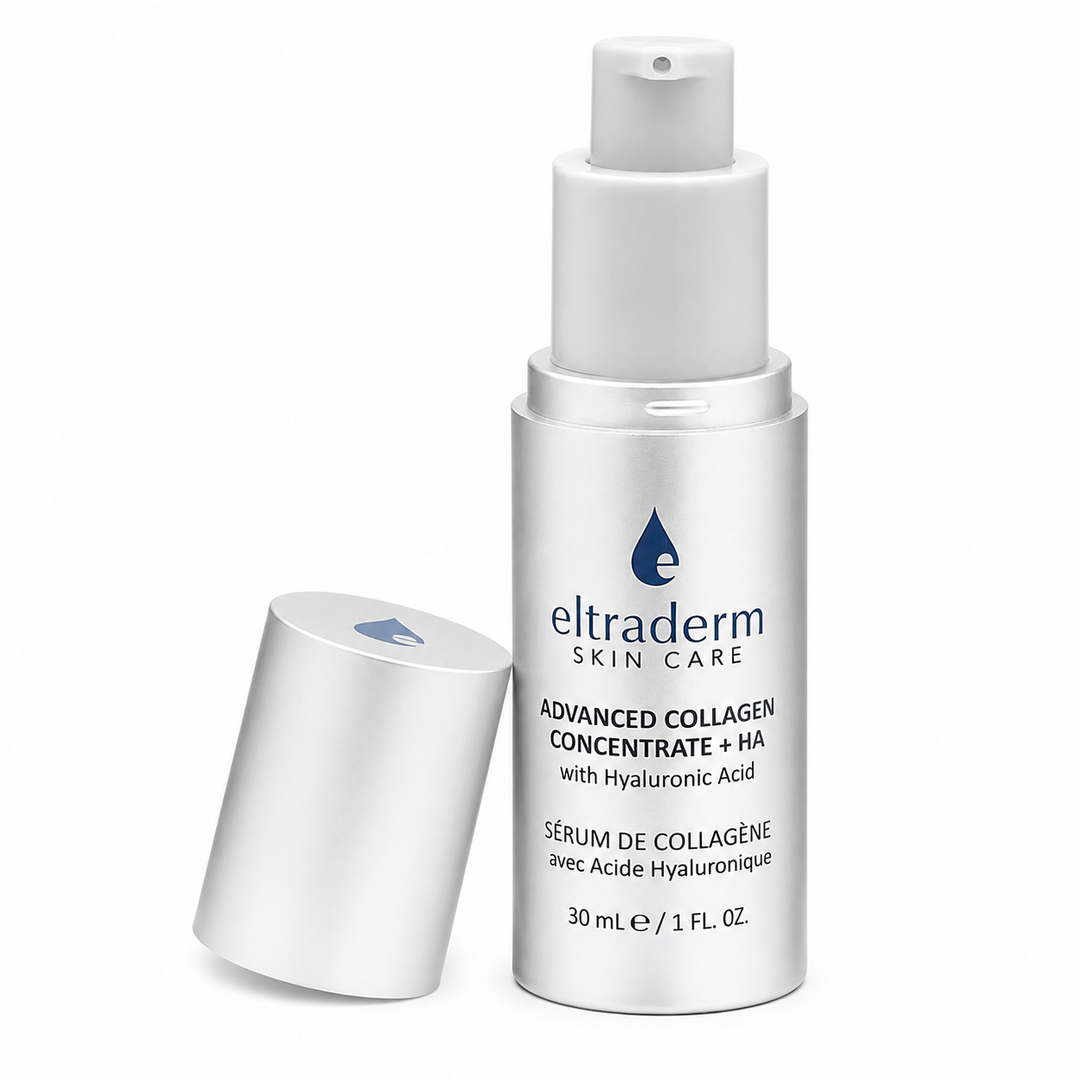 Flacon pompe argent mat ELTRADERM Advanced Collagen Concentrate + HA 30 ml avec capuchon retiré, sérum au collagène marin et acide hyaluronique sur fond blanc.