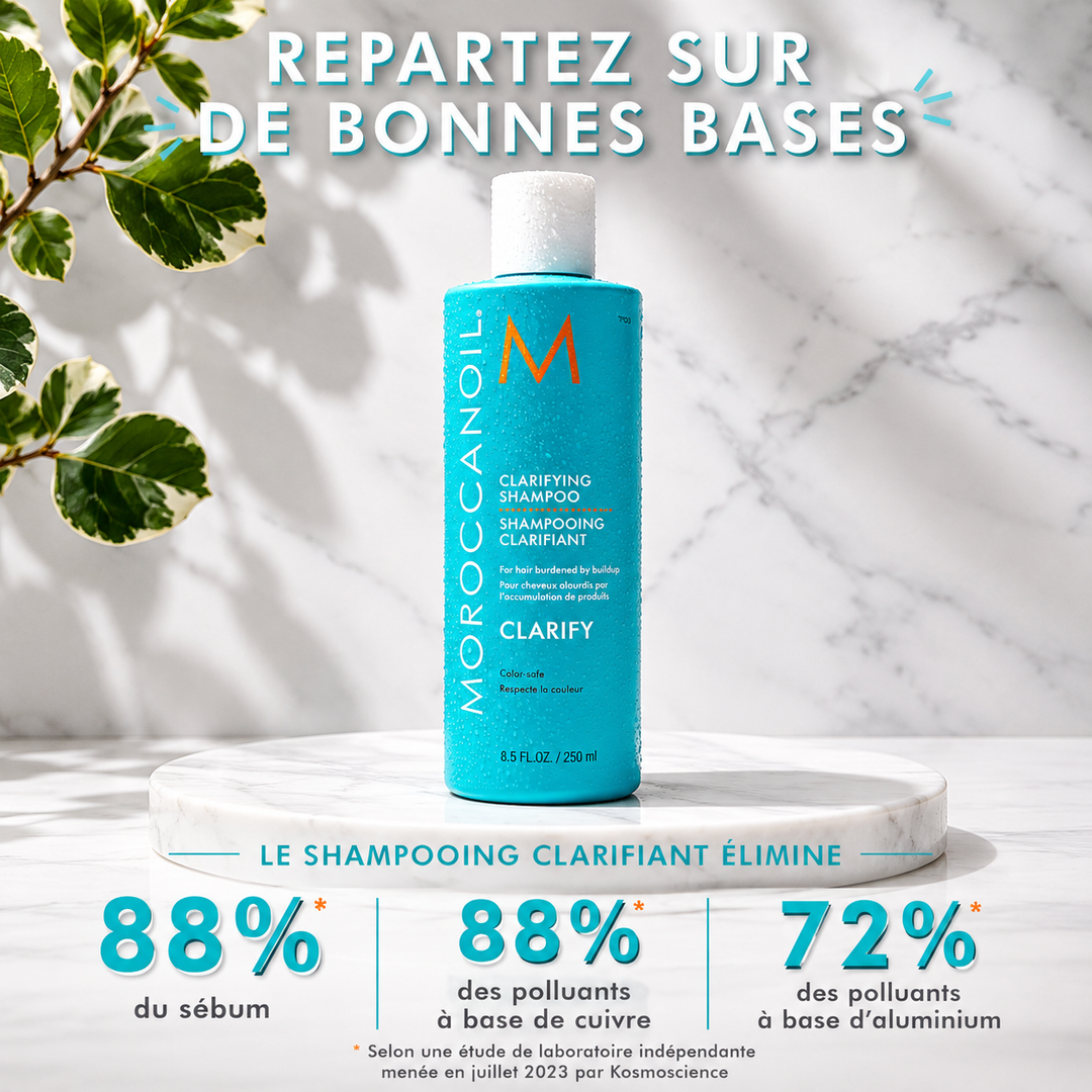 Visuel promotionnel du shampoing clarifiant Moroccanoil 250 ml sur un socle en marbre avec fond marbré et feuillage vert. Infographie présentant les résultats du shampoing : élimine 88 % du sébum, 88 % des polluants à base de cuivre et 72 % des polluants à base d'aluminium