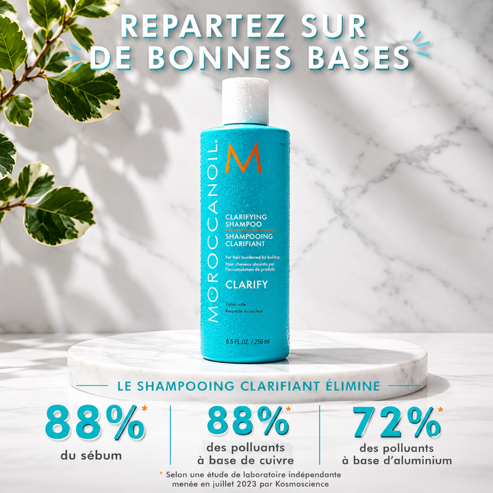 Visuel promotionnel du shampoing clarifiant Moroccanoil 250 ml sur un socle en marbre avec fond marbré et feuillage vert. Infographie présentant les résultats du shampoing : élimine 88 % du sébum, 88 % des polluants à base de cuivre et 72 % des polluants à base d'aluminium