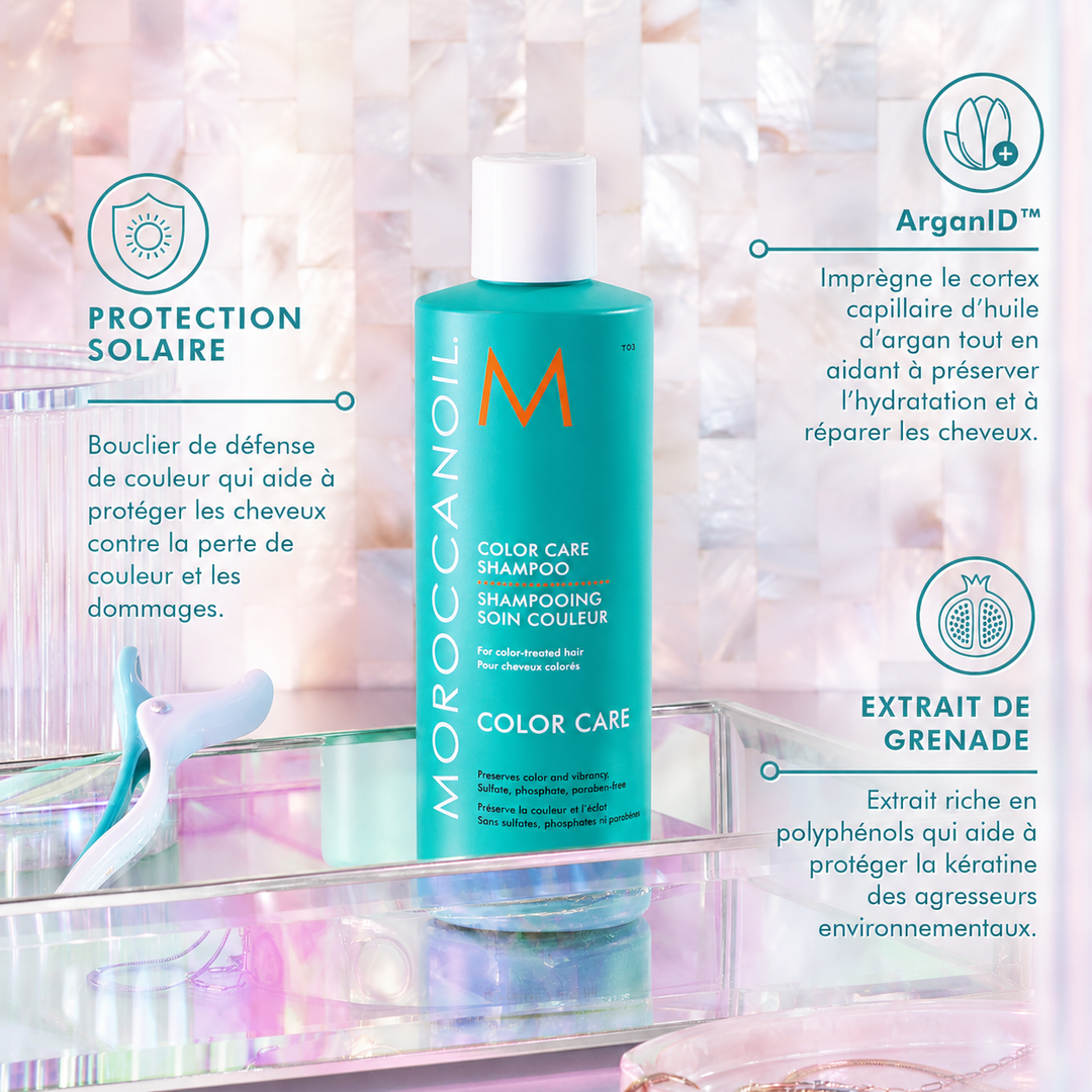 Infographie Moroccanoil Color Care présentant le shampoing avec les bénéfices ArganID™, protection solaire et extrait de grenade, sur fond irisé avec icônes explicatives.