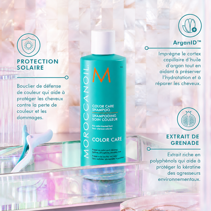 Infographie Moroccanoil Color Care présentant le shampoing avec les bénéfices ArganID™, protection solaire et extrait de grenade, sur fond irisé avec icônes explicatives.