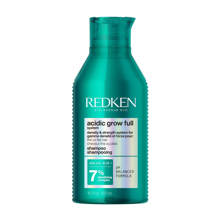 Shampoing Redken Acidic Grow Full 300 ml en flacon turquoise brillant avec étiquette argentée, présenté sur fond blanc, conçu pour cheveux fins ou plats pour plus de densité et de volume.