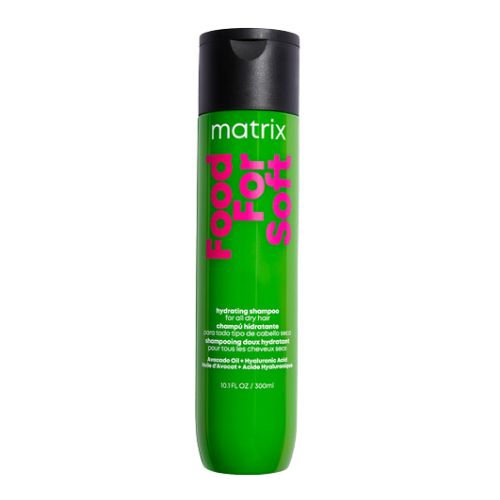 Bouteille verte du shampoing hydratant Matrix Food For Soft 300 ml, formulé pour cheveux secs, à base d’huile d’avocat et acide hyaluronique